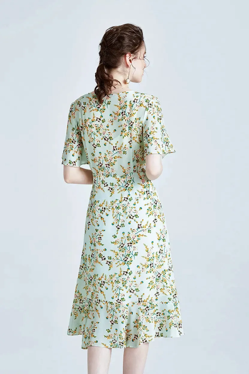 100 Mulberry Silk Short Sleeve Floral Midi Dress