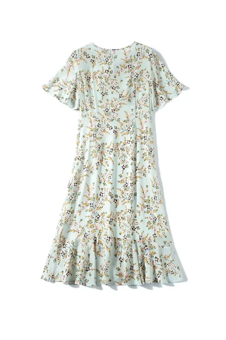 100 Mulberry Silk Short Sleeve Floral Midi Dress