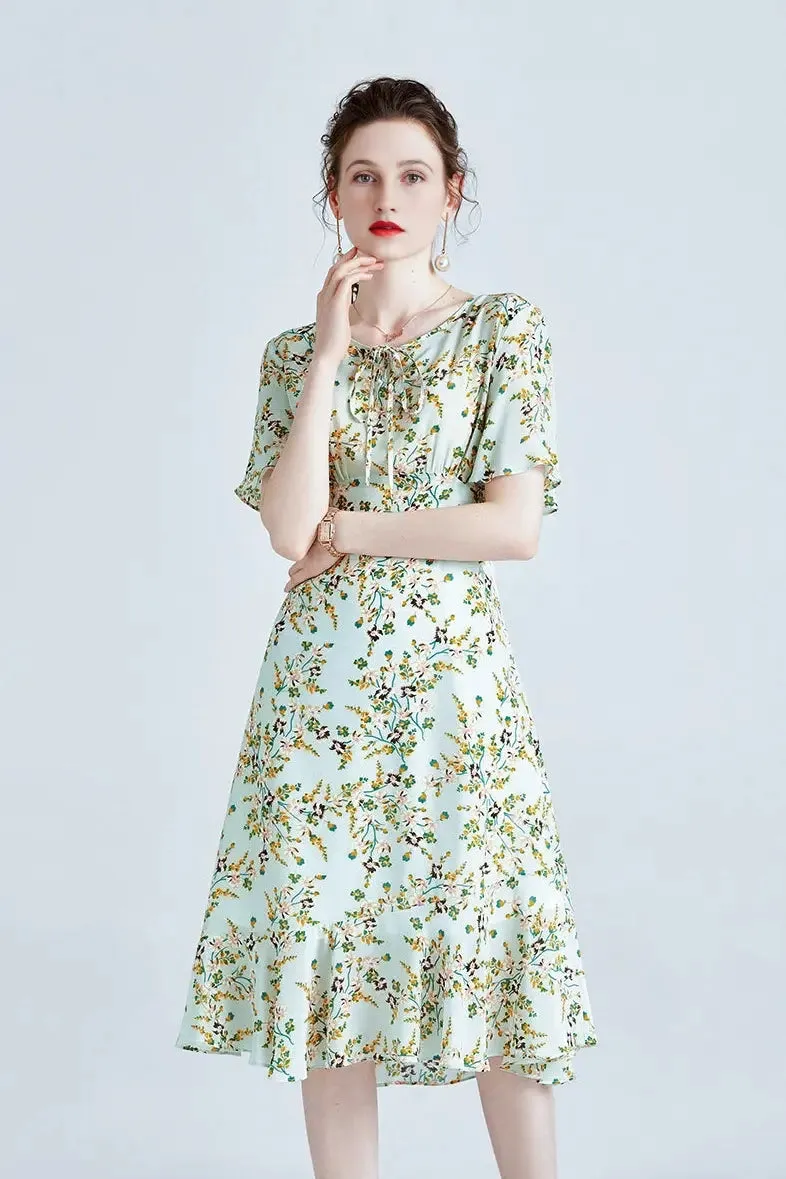100 Mulberry Silk Short Sleeve Floral Midi Dress