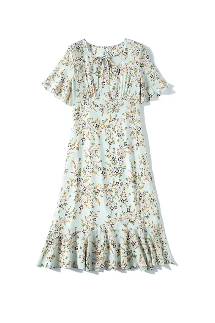 100 Mulberry Silk Short Sleeve Floral Midi Dress
