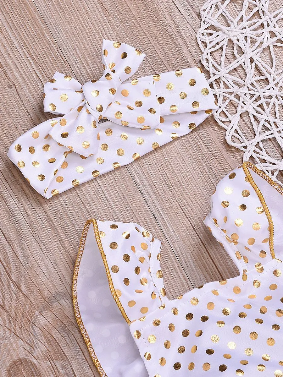 2-Piece Onesie Polka Dots Ruffle Jumpsuit   Headband