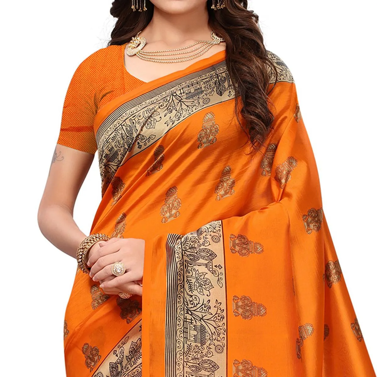 Adorable Mustard Colored Festive Wear Printed Mysore Silk Saree