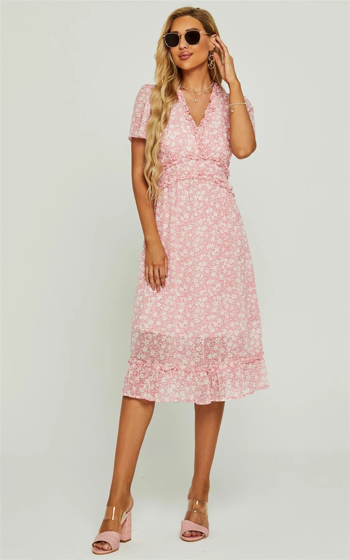 Angel Sleeve Frill Detail V Neck Midi Dress In Pink Flora Print