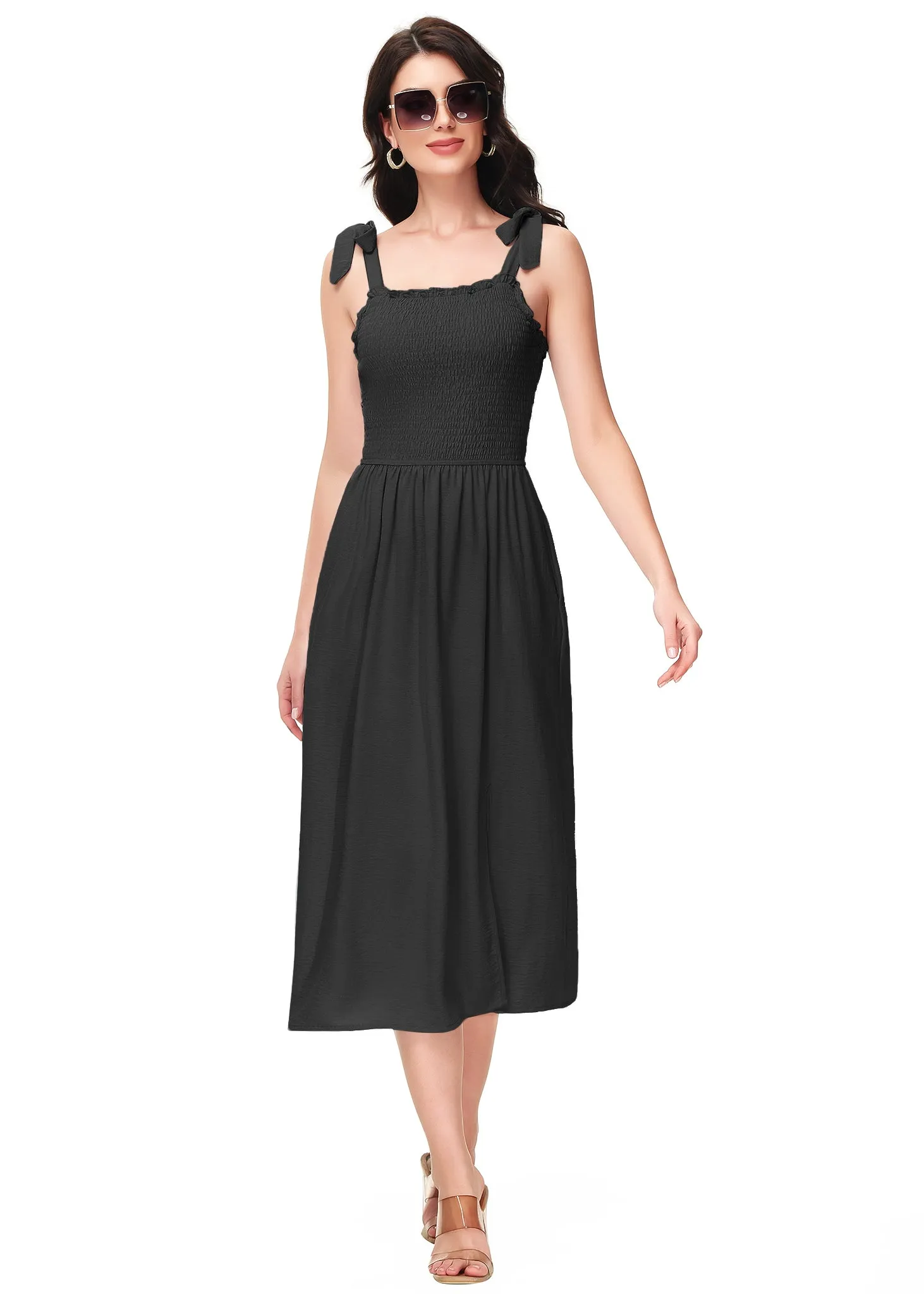 Anna-Kaci Women's Boho Summer Sleeveless Tie Straps Square Neck Smocked Split Midi Dress with Pockets
