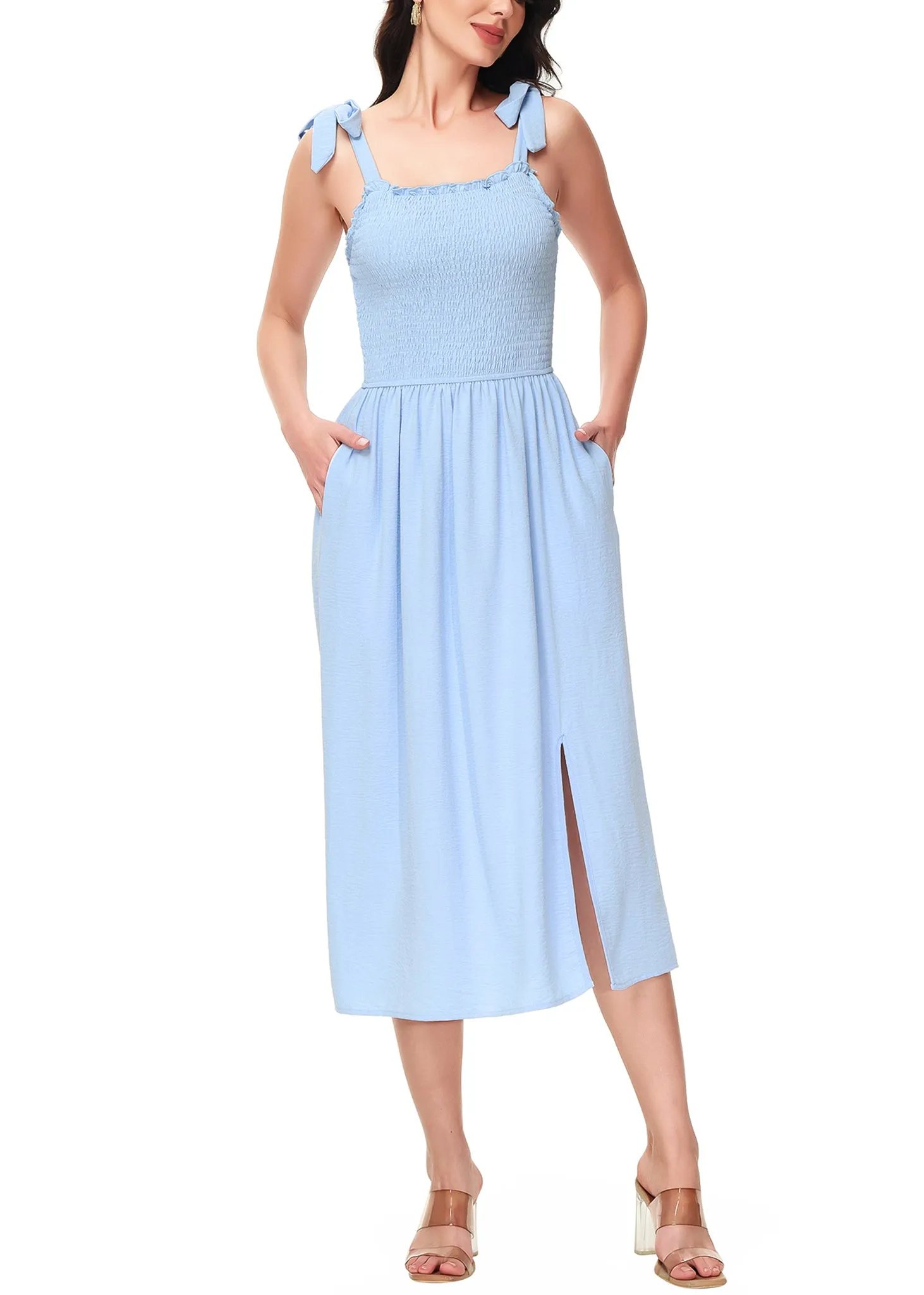 Anna-Kaci Women's Boho Summer Sleeveless Tie Straps Square Neck Smocked Split Midi Dress with Pockets