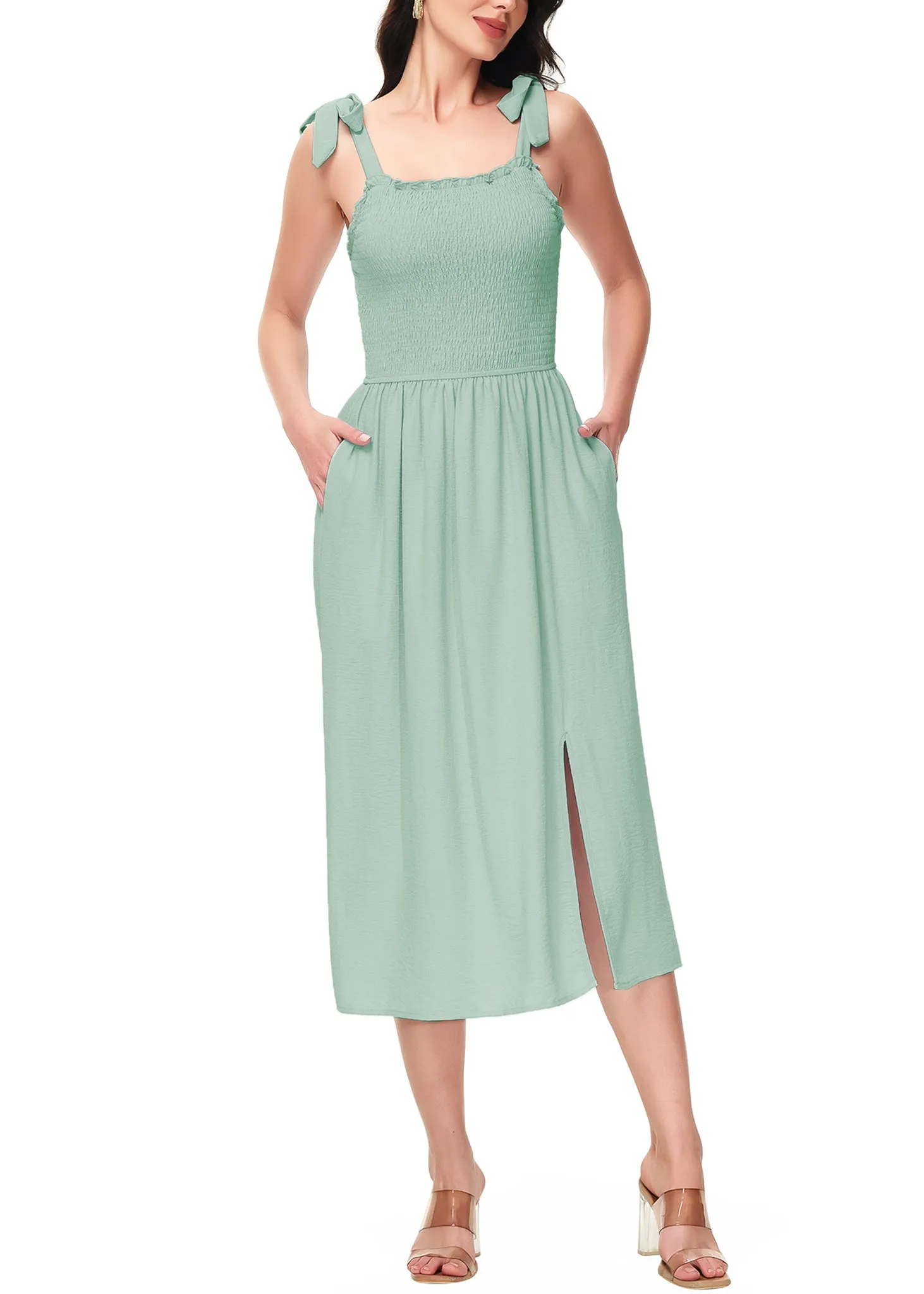 Anna-Kaci Women's Boho Summer Sleeveless Tie Straps Square Neck Smocked Split Midi Dress with Pockets