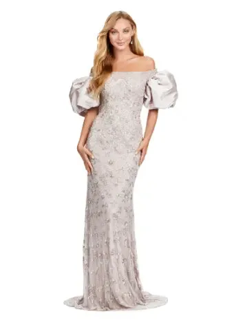 Ashley Lauren 11432 Long Evening Dress Fully Beaded Gown Off Shoulder Puff Sleeves Formal
