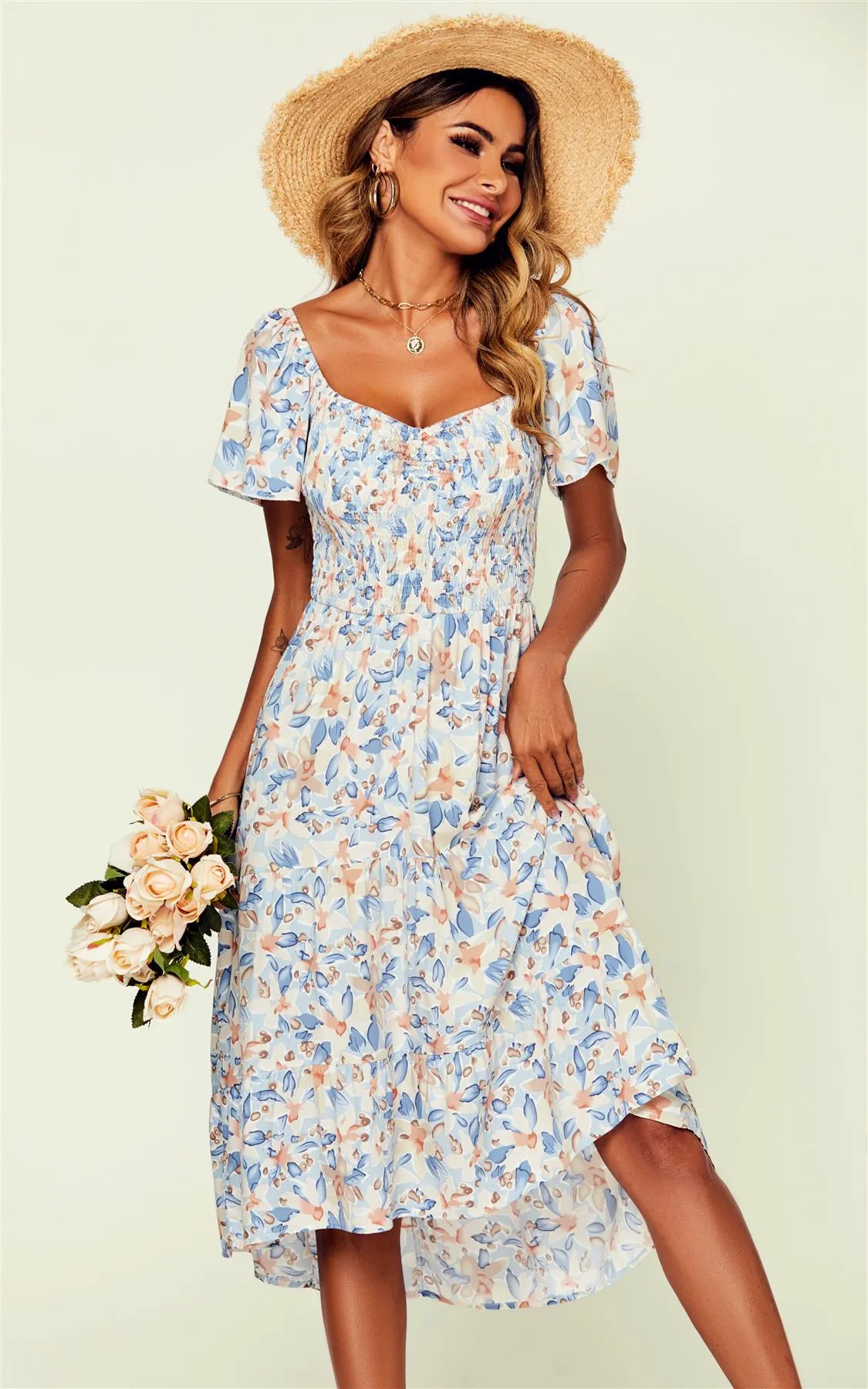 Bardot Angel Sleeve Elasticated Detail Midi Dress In White & Blue Floral Print