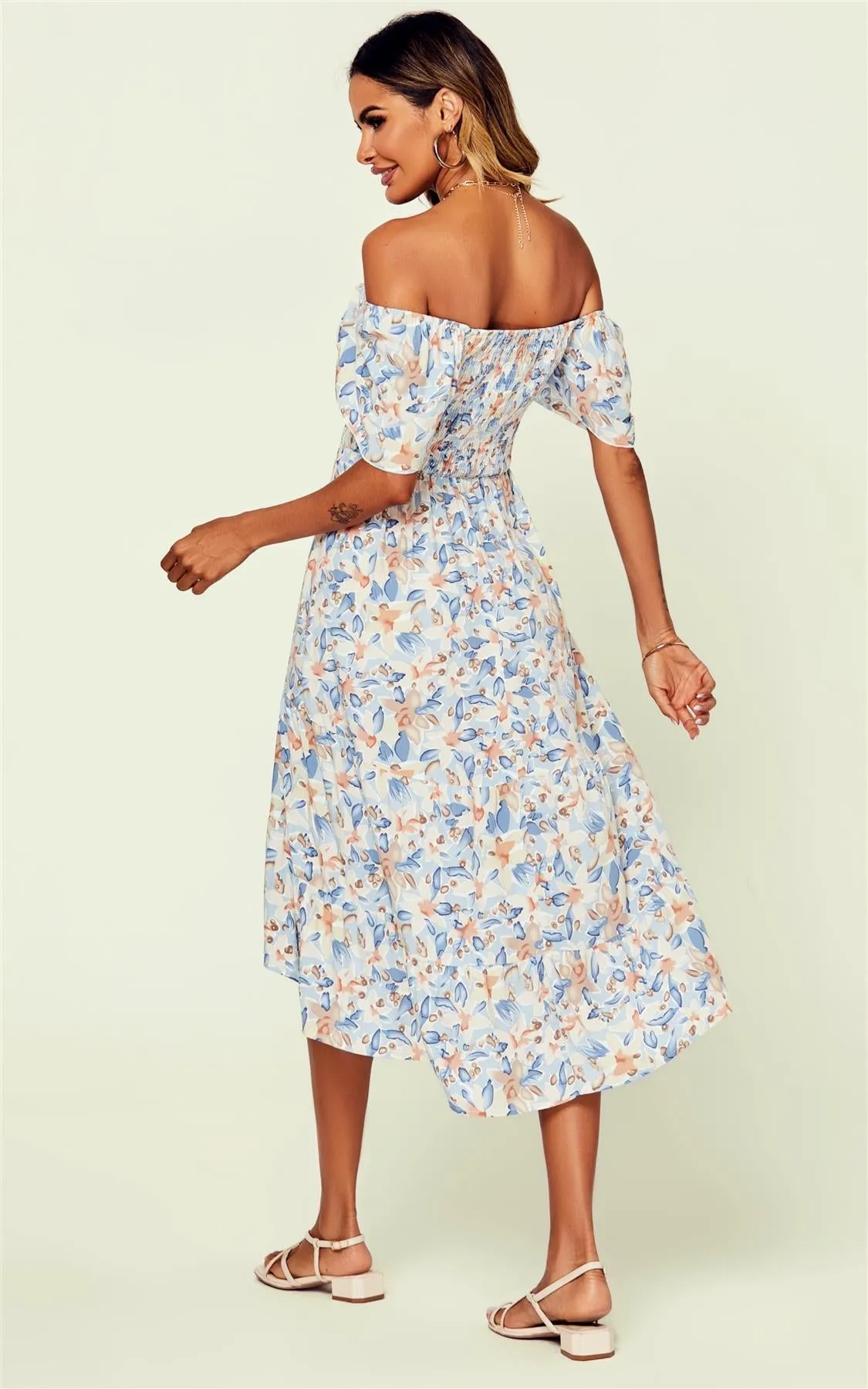 Bardot Angel Sleeve Elasticated Detail Midi Dress In White & Blue Floral Print