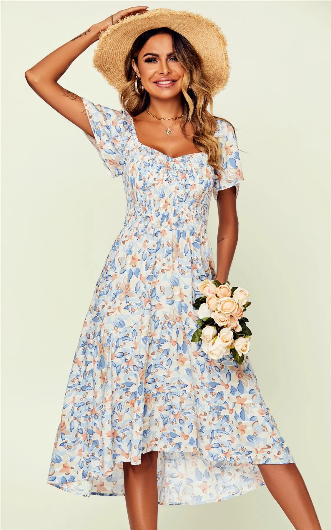 Bardot Angel Sleeve Elasticated Detail Midi Dress In White & Blue Floral Print