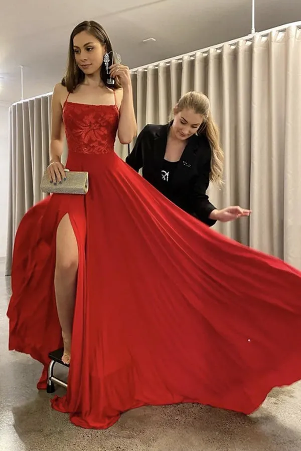 Best Red Chiffon A-line Spaghetti Straps Long Prom Dresses With Side Split,formal dress outfits