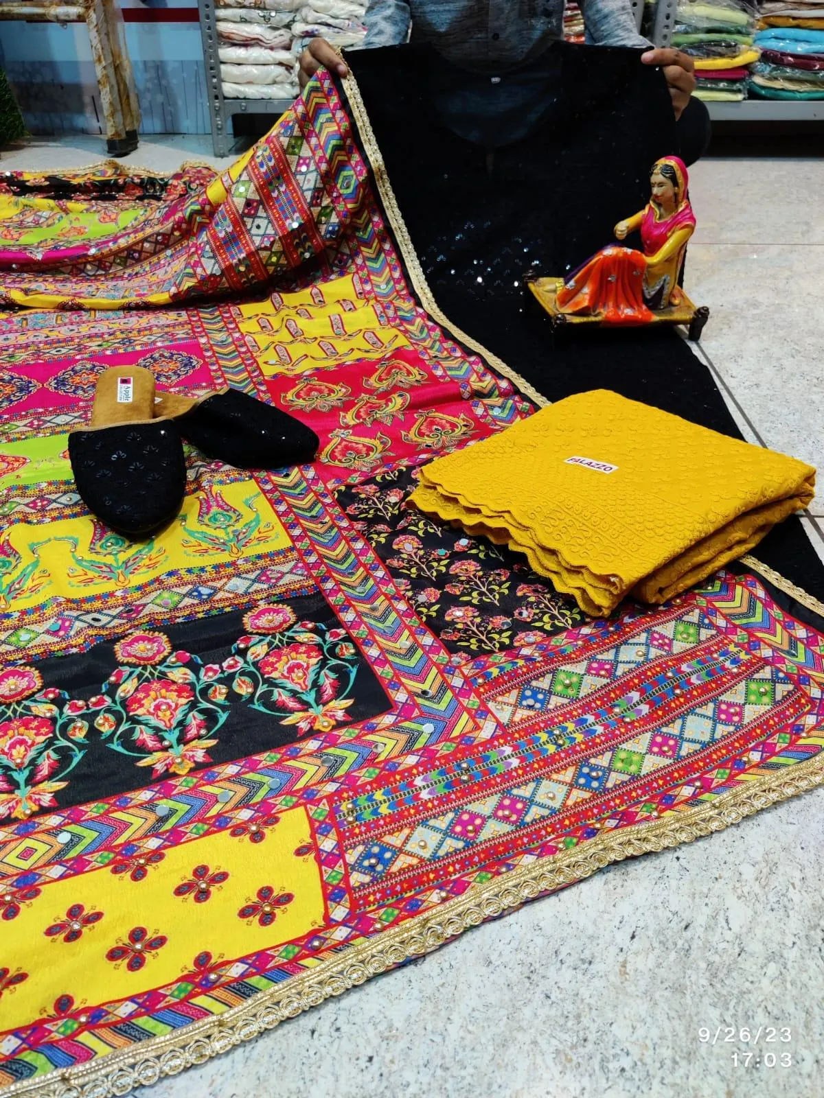 Black & Yellow Elegant Chikankari Kurti, Palazzo, and Pakistani Dupatta Set