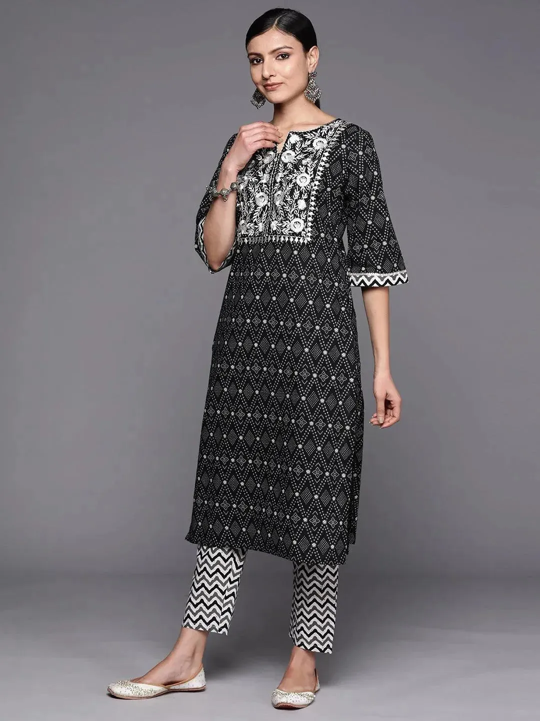 Black Printed Cotton Straight Kurta With Trousers & Dupatta