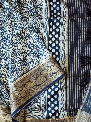 Blue Crepe Silk Saree with Banarasi Borders