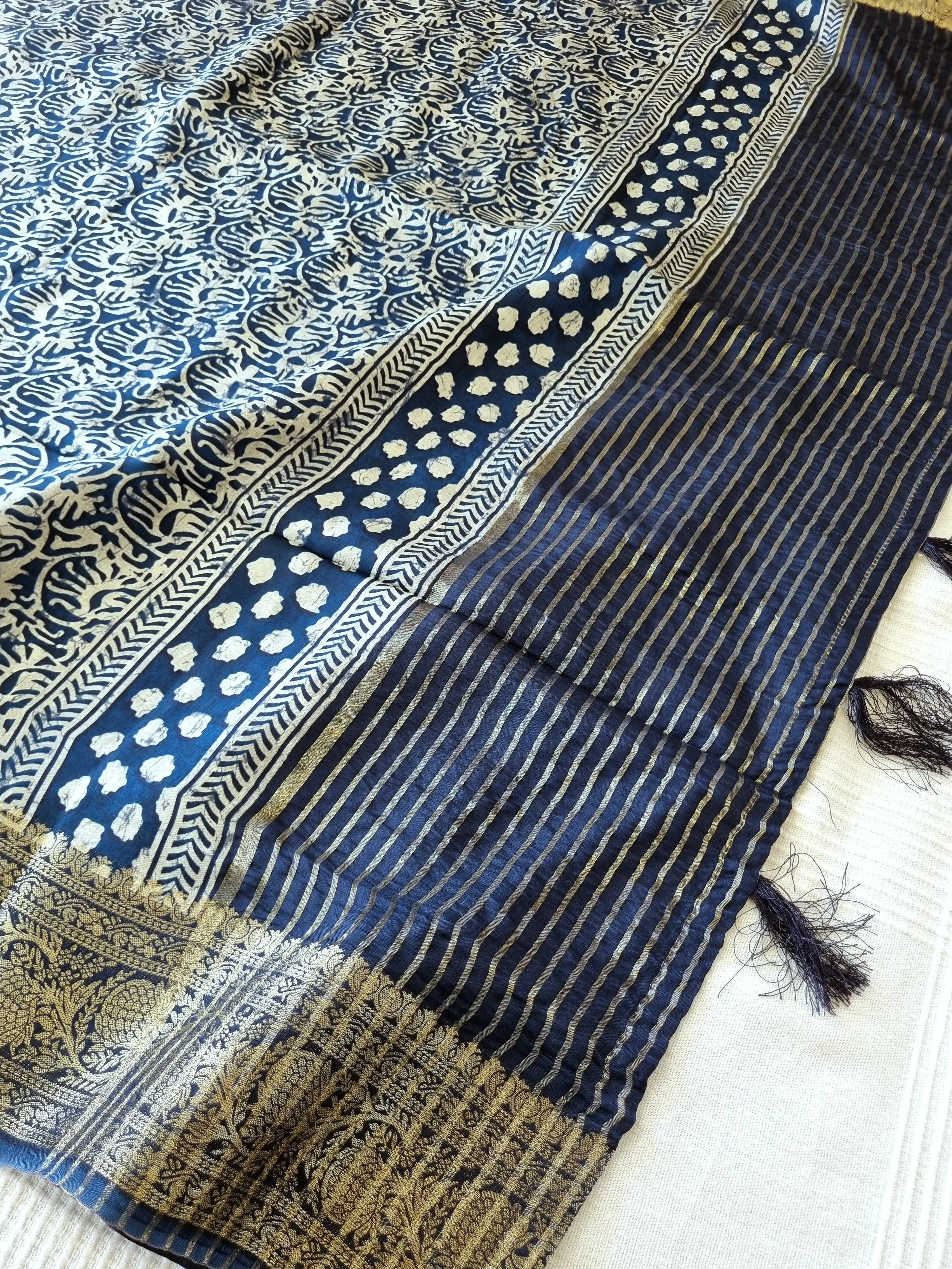 Blue Crepe Silk Saree with Banarasi Borders