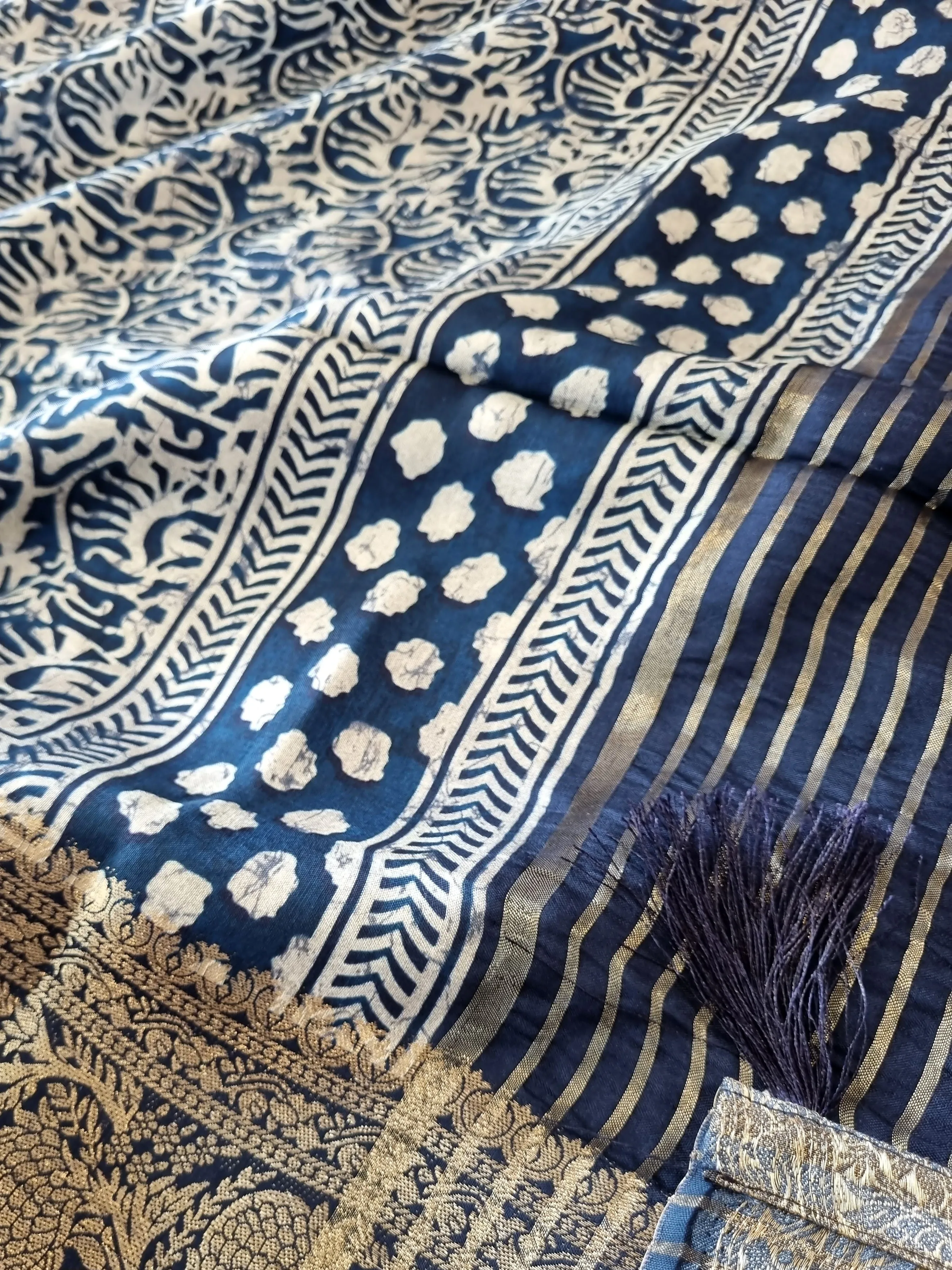 Blue Crepe Silk Saree with Banarasi Borders