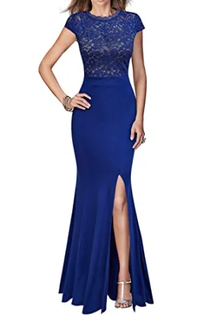 Blue Women's Retro Floral Lace Vintage Wedding Maxi Formal Long Dress - REPHYLLIS