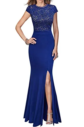 Blue Women's Retro Floral Lace Vintage Wedding Maxi Formal Long Dress - REPHYLLIS