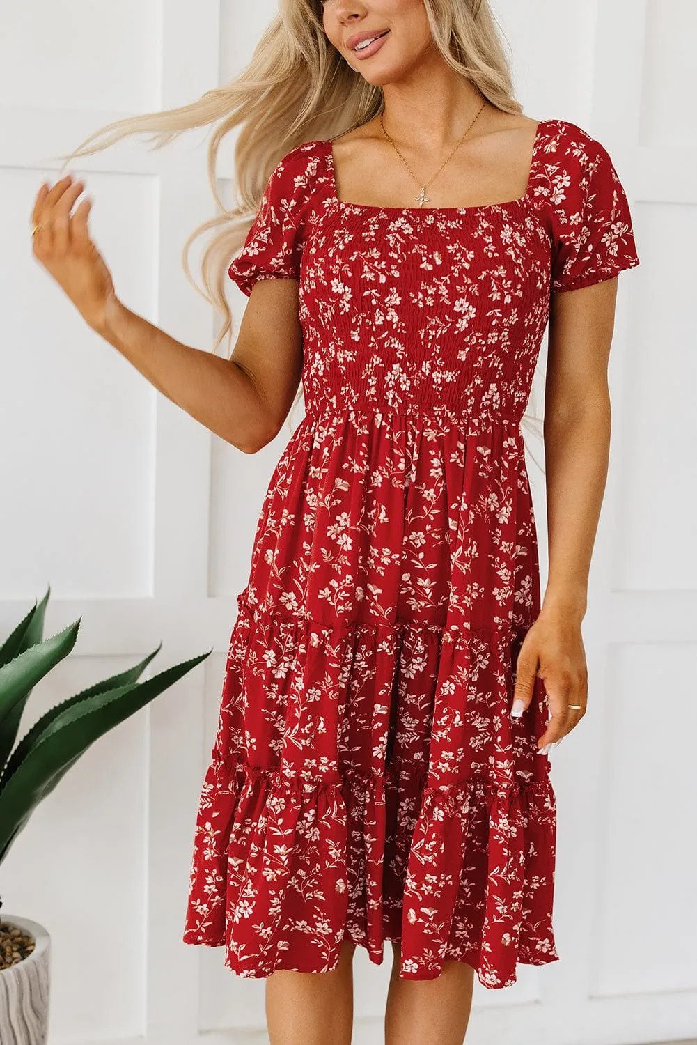 Bohemian Red Floral Midi Dress with Square Neck and Tiered Silhouette