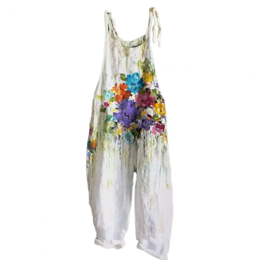 Bonnyshow Women Jumpsuit Floral Print Wide Leg Beach Jumpsuit Vintage Temperament Loose-fitting Jumpsuit For Holiday