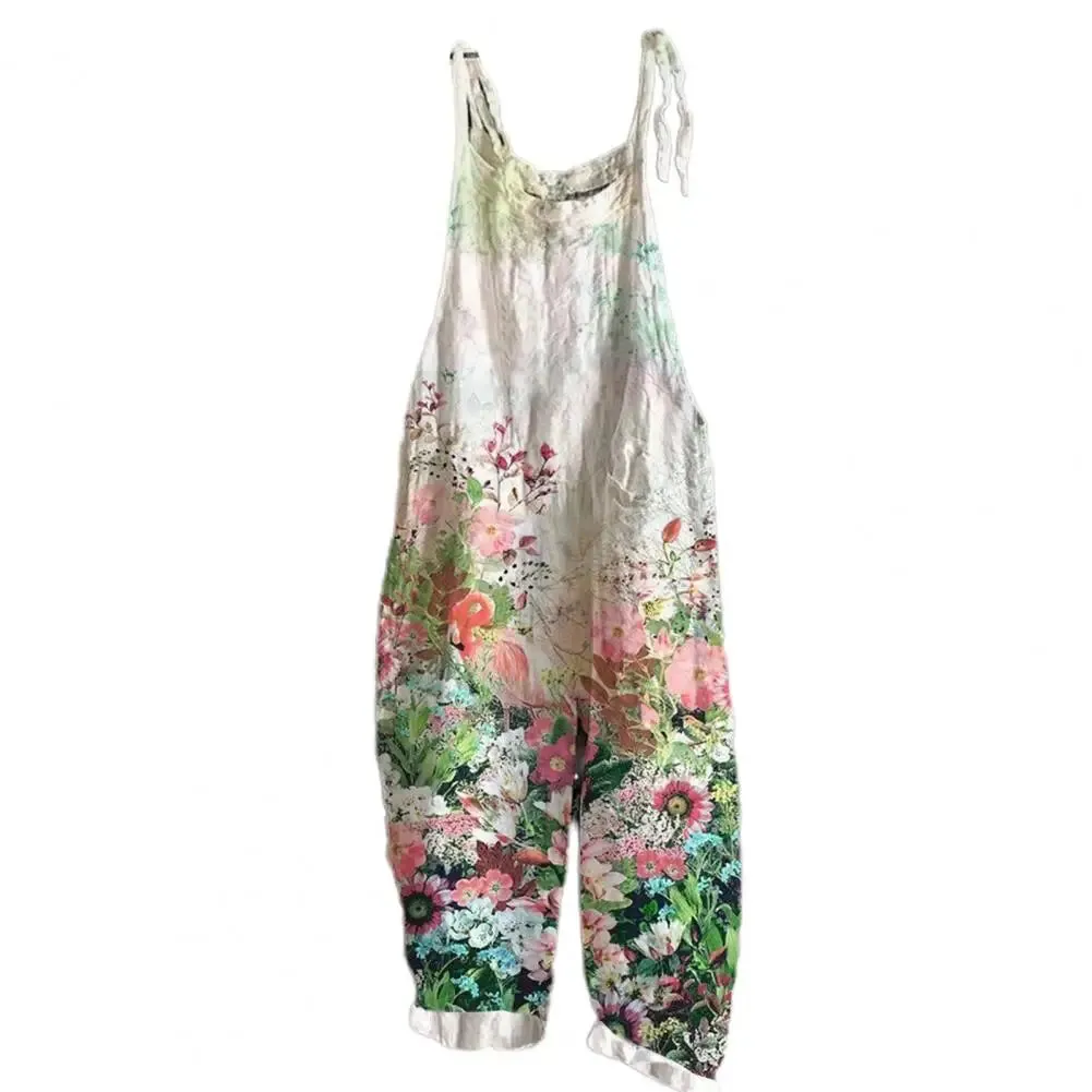 Bonnyshow Women Jumpsuit Floral Print Wide Leg Beach Jumpsuit Vintage Temperament Loose-fitting Jumpsuit For Holiday