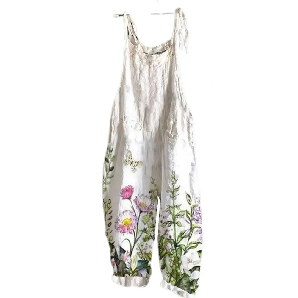 Bonnyshow Women Jumpsuit Floral Print Wide Leg Beach Jumpsuit Vintage Temperament Loose-fitting Jumpsuit For Holiday