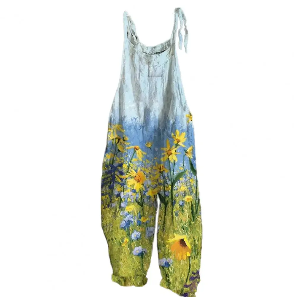 Bonnyshow Women Jumpsuit Floral Print Wide Leg Beach Jumpsuit Vintage Temperament Loose-fitting Jumpsuit For Holiday