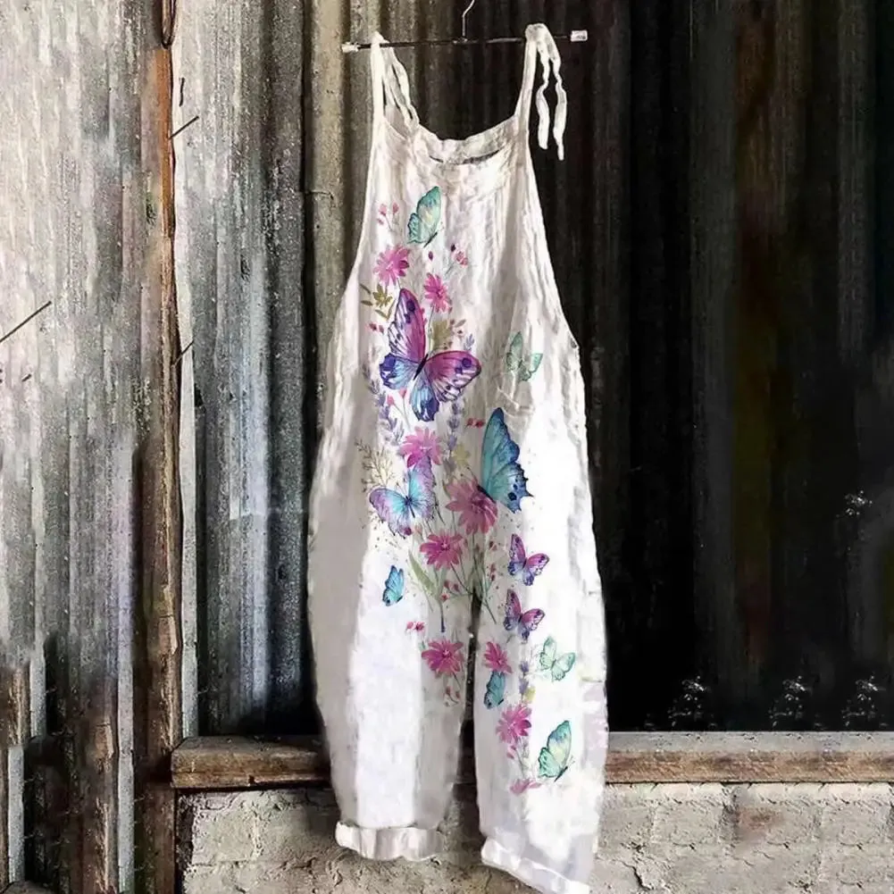 Bonnyshow Women Jumpsuit Floral Print Wide Leg Beach Jumpsuit Vintage Temperament Loose-fitting Jumpsuit For Holiday