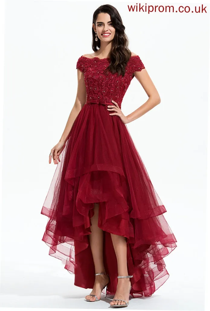 Bow(s) Lace Trudie Tulle Beading With Cocktail Lace A-Line Dress Cocktail Dresses Asymmetrical Off-the-Shoulder