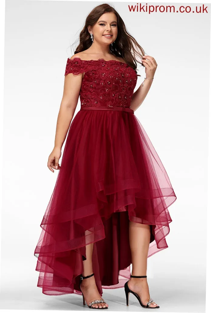 Bow(s) Lace Trudie Tulle Beading With Cocktail Lace A-Line Dress Cocktail Dresses Asymmetrical Off-the-Shoulder
