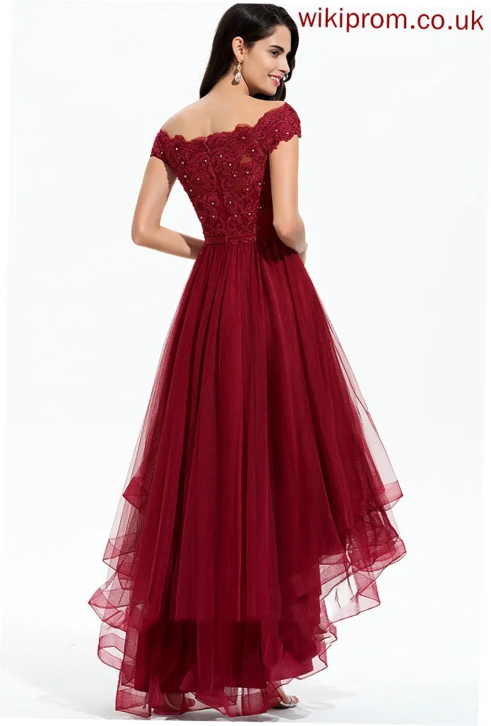 Bow(s) Lace Trudie Tulle Beading With Cocktail Lace A-Line Dress Cocktail Dresses Asymmetrical Off-the-Shoulder