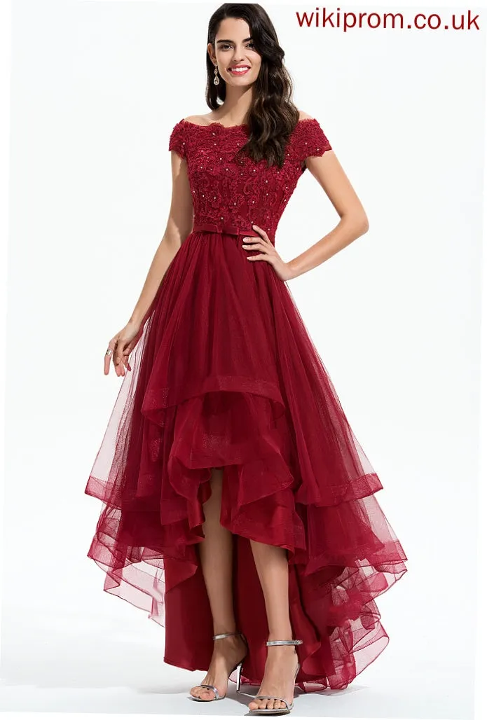 Bow(s) Lace Trudie Tulle Beading With Cocktail Lace A-Line Dress Cocktail Dresses Asymmetrical Off-the-Shoulder