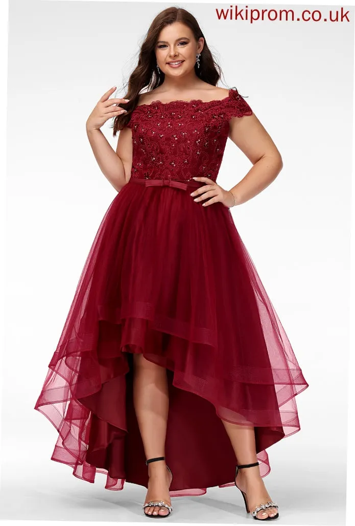 Bow(s) Lace Trudie Tulle Beading With Cocktail Lace A-Line Dress Cocktail Dresses Asymmetrical Off-the-Shoulder