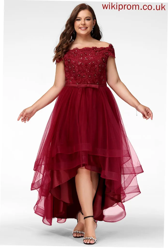 Bow(s) Lace Trudie Tulle Beading With Cocktail Lace A-Line Dress Cocktail Dresses Asymmetrical Off-the-Shoulder