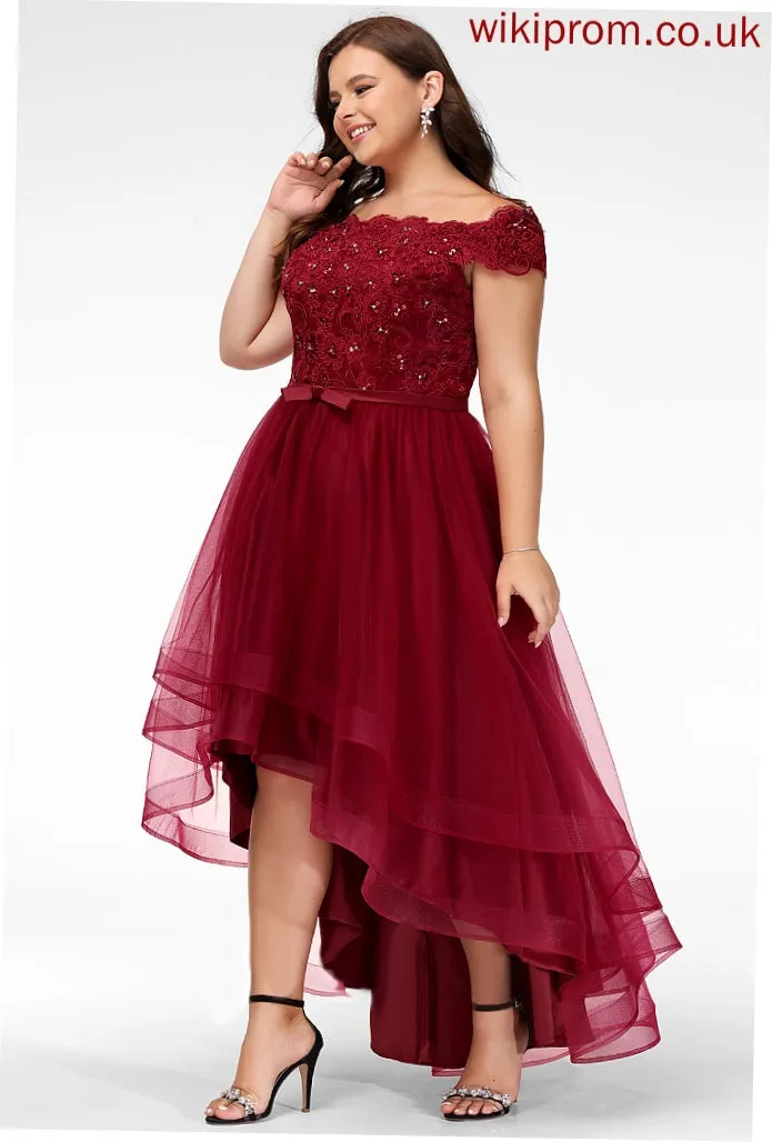 Bow(s) Lace Trudie Tulle Beading With Cocktail Lace A-Line Dress Cocktail Dresses Asymmetrical Off-the-Shoulder