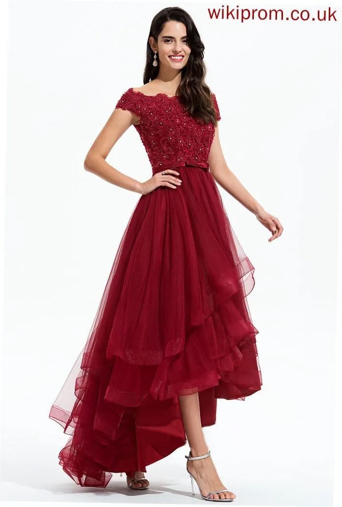 Bow(s) Lace Trudie Tulle Beading With Cocktail Lace A-Line Dress Cocktail Dresses Asymmetrical Off-the-Shoulder