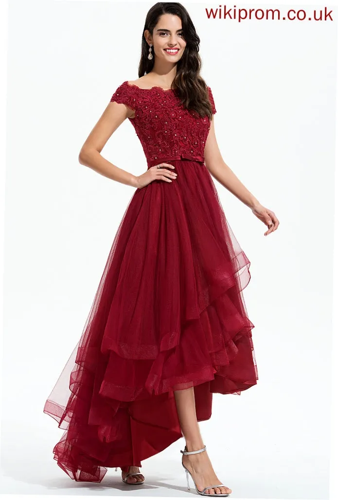 Bow(s) Lace Trudie Tulle Beading With Cocktail Lace A-Line Dress Cocktail Dresses Asymmetrical Off-the-Shoulder