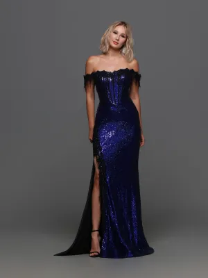 Candice Wang 72351 Long Sequin off the shoulder lace formal dress corset high slit Gown