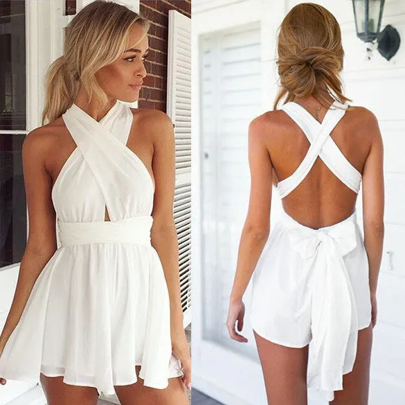 Casual Back Cross Strap V Neck Backless Chiffon Jumpsuit