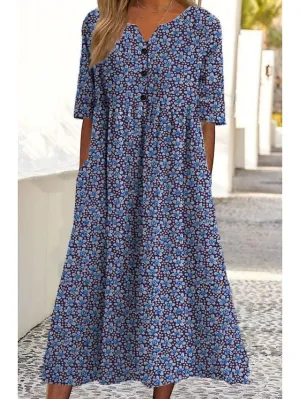 Casual Dress Sheath Dress Midi Dress Blue Black Half Sleeve Floral Button Spring Summer Crew Neck Casual  S M L XL XXL 3XL for Women