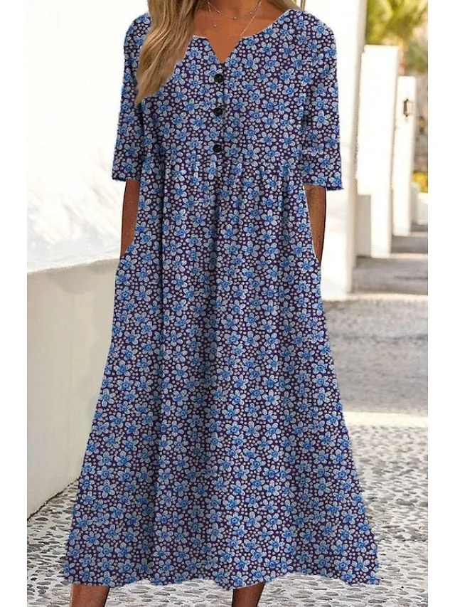 Casual Dress Sheath Dress Midi Dress Blue Black Half Sleeve Floral Button Spring Summer Crew Neck Casual  S M L XL XXL 3XL for Women