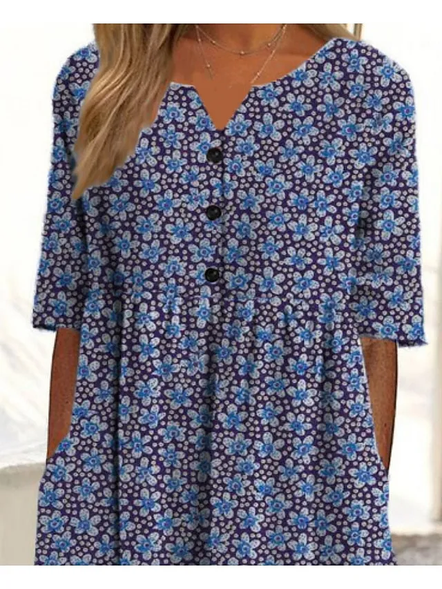 Casual Dress Sheath Dress Midi Dress Blue Black Half Sleeve Floral Button Spring Summer Crew Neck Casual  S M L XL XXL 3XL for Women