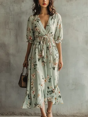 Casual V-neck Floral Everyday Versatile Midi Dress