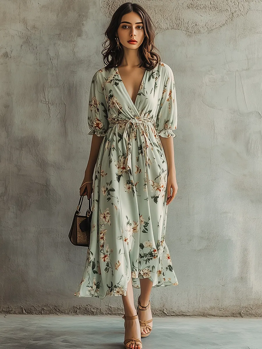 Casual V-neck Floral Everyday Versatile Midi Dress