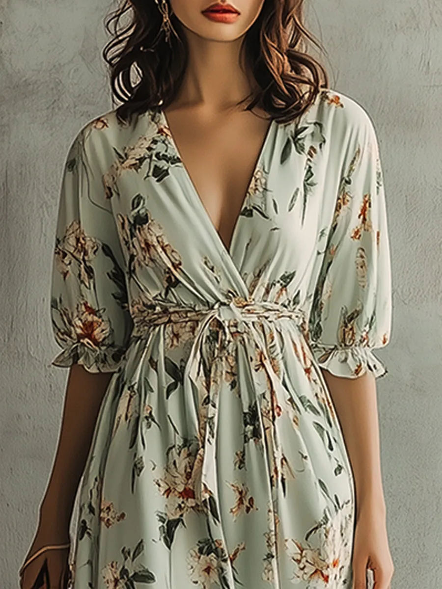 Casual V-neck Floral Everyday Versatile Midi Dress