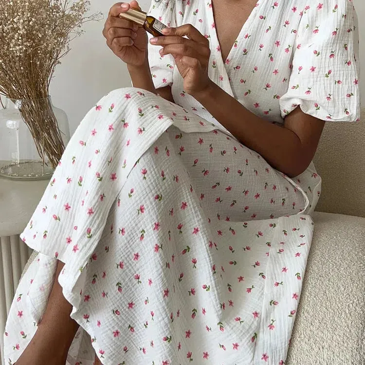 Casual Women's Summer Dresses 100% Cotton Floral Print A-line Midi Dress with Side Slits Long Elegant White Dress