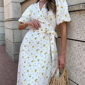Casual Women's Summer Dresses 100% Cotton Floral Print A-line Midi Dress with Side Slits Long Elegant White Dress