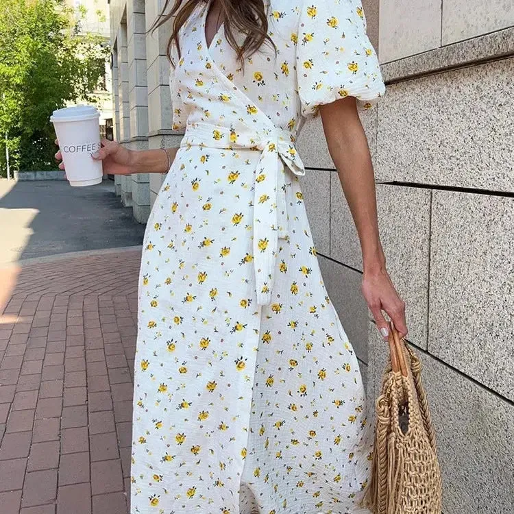 Casual Women's Summer Dresses 100% Cotton Floral Print A-line Midi Dress with Side Slits Long Elegant White Dress