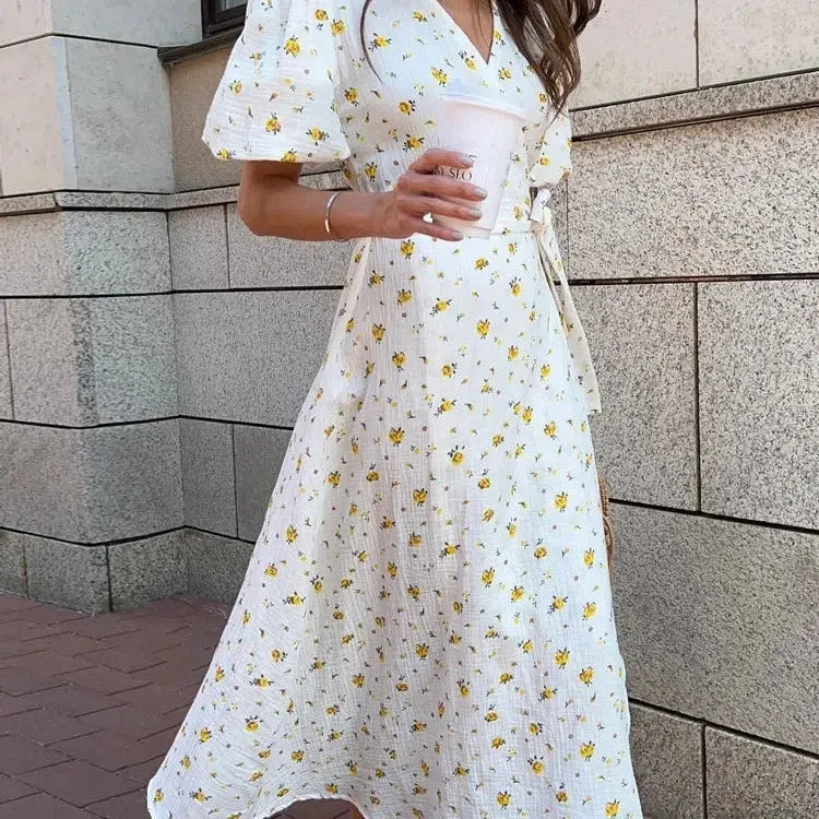 Casual Women's Summer Dresses 100% Cotton Floral Print A-line Midi Dress with Side Slits Long Elegant White Dress