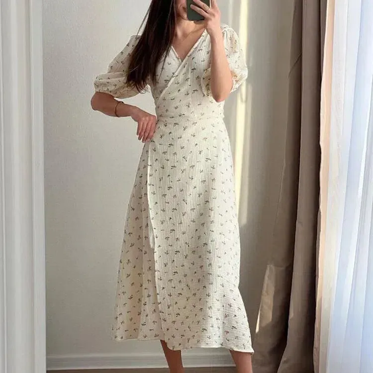 Casual Women's Summer Dresses 100% Cotton Floral Print A-line Midi Dress with Side Slits Long Elegant White Dress